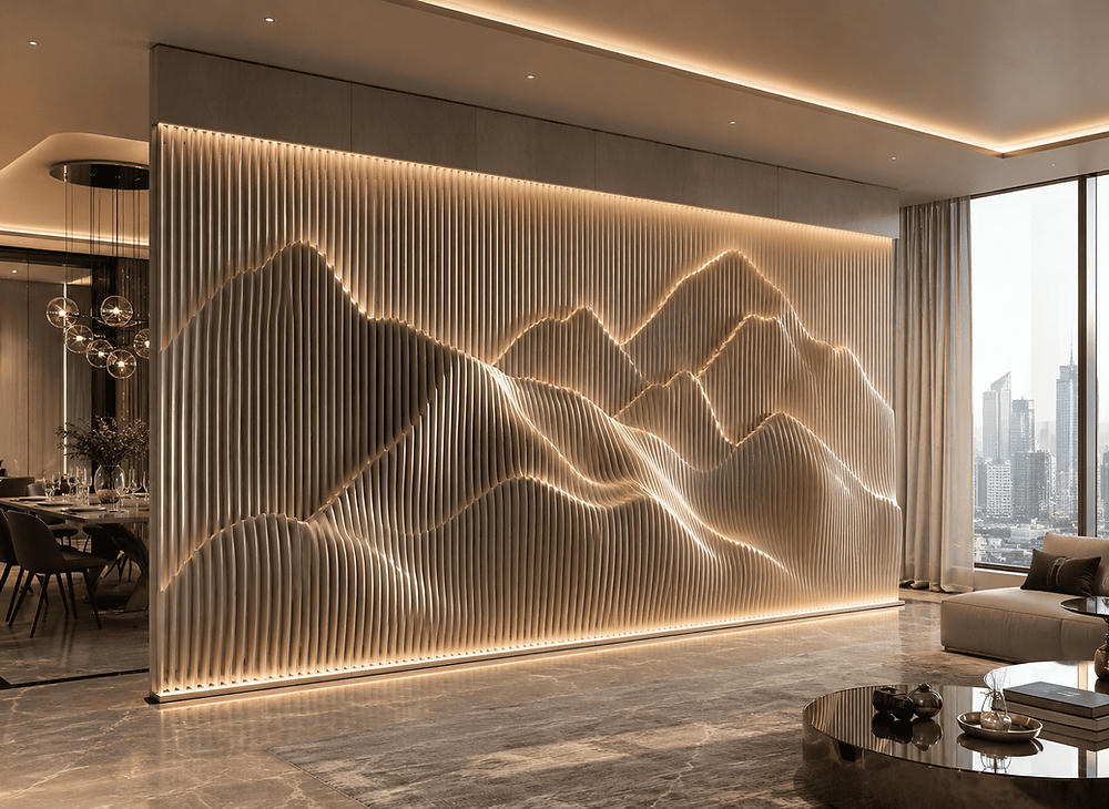 Painel ripado paramétrico com ondas orgânicas